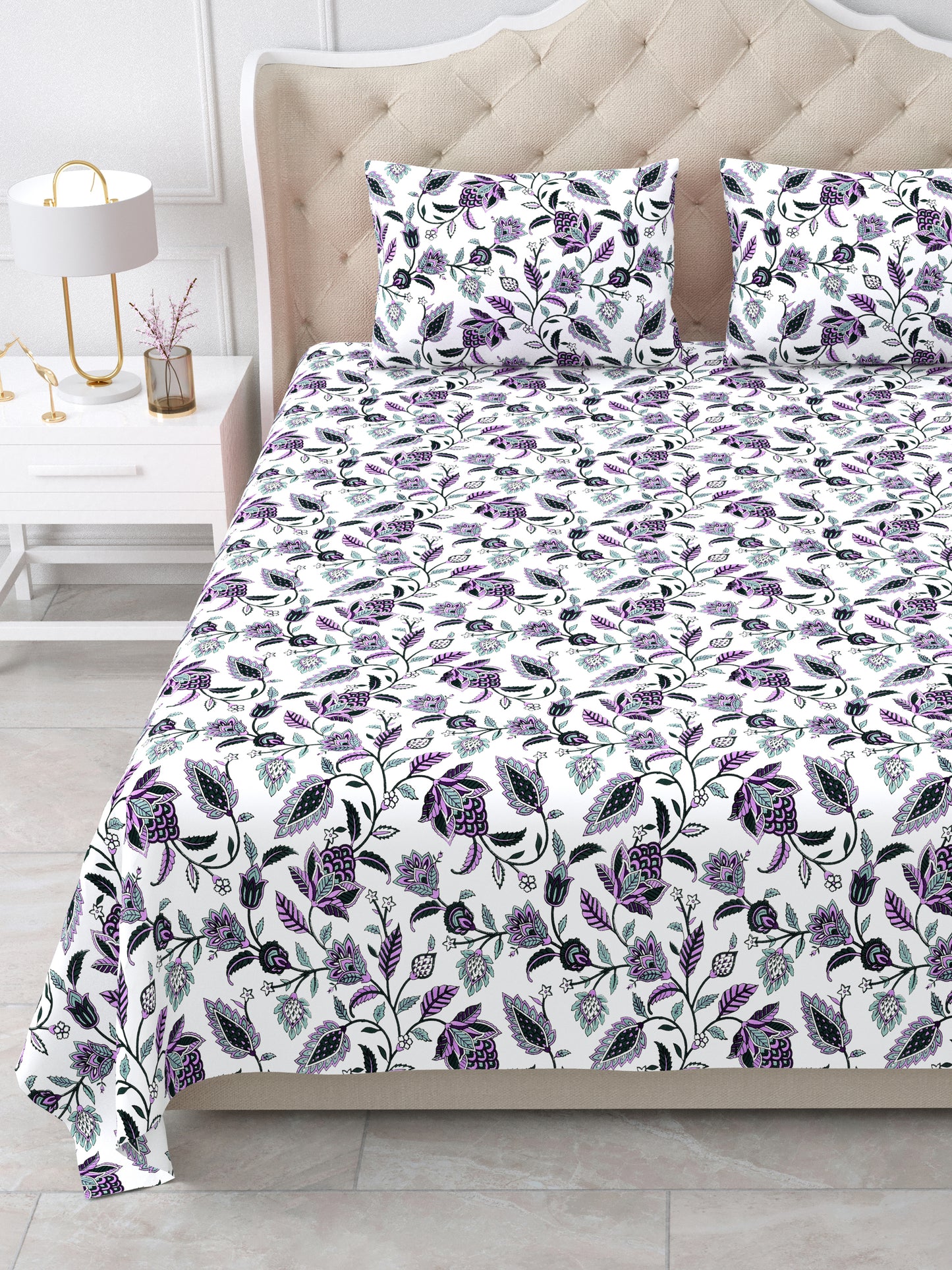 Jaipuri Royal Purple & Lavender Floral Queen Size Cotton Bedsheet