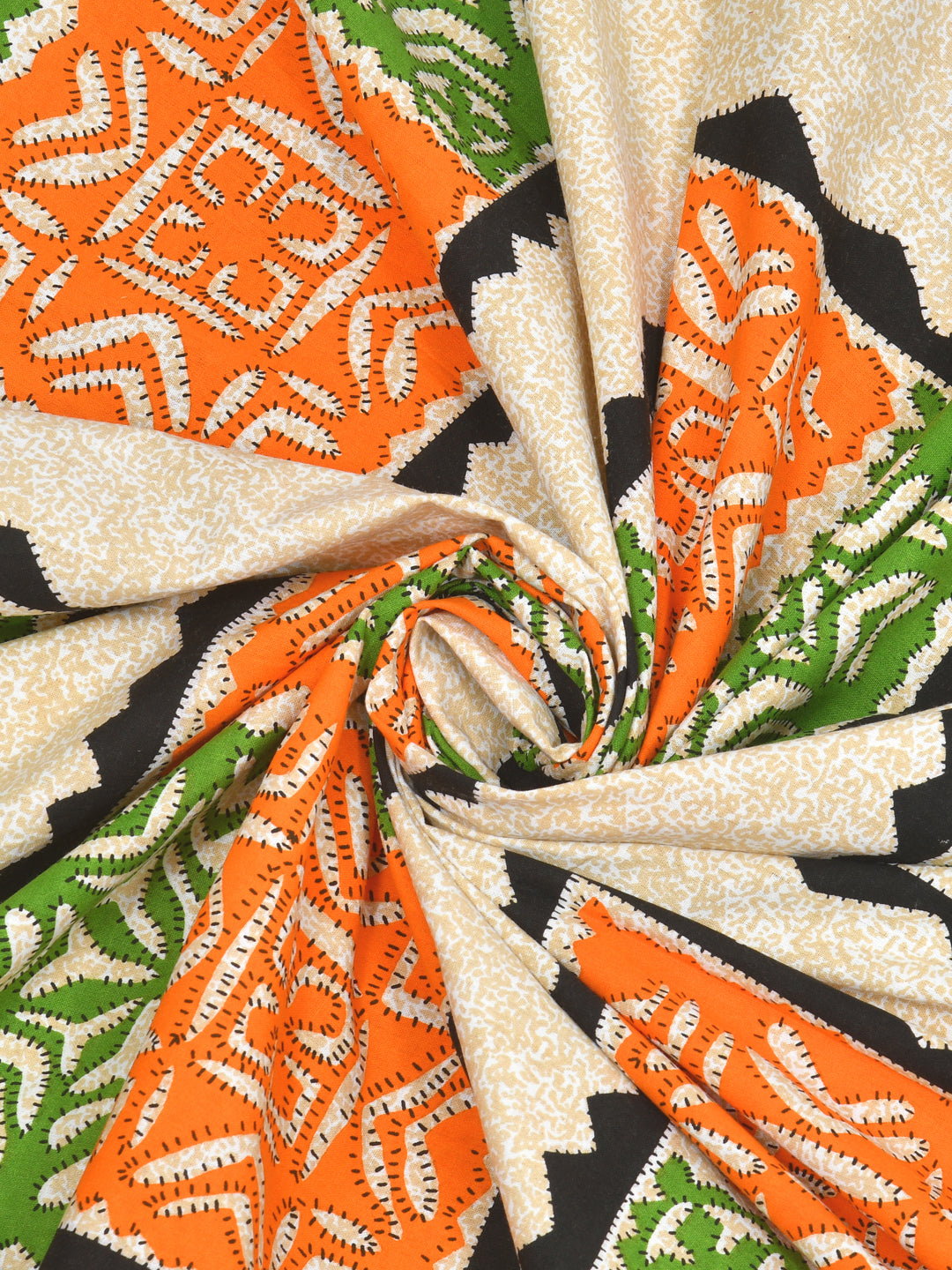 Orange & Green Geometric Block Print Queen Size Cotton Bedsheet
