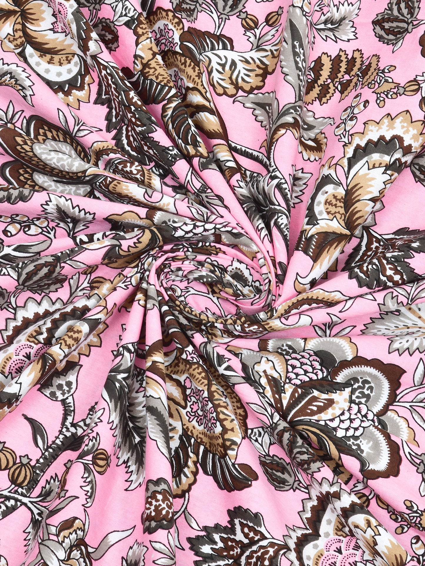 Jaipuri Blush Pink & Coffee Floral Queen Size Cotton Bedsheet