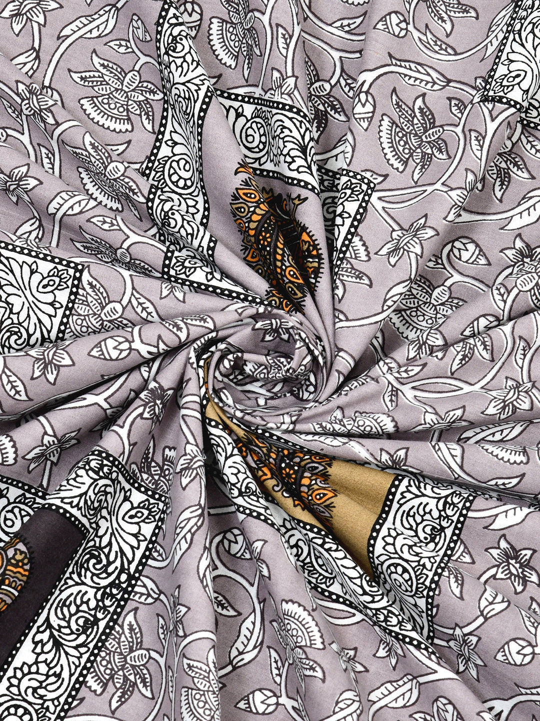 Grey & Mustard Paisley Hand-Block Queen Cotton Bedsheet