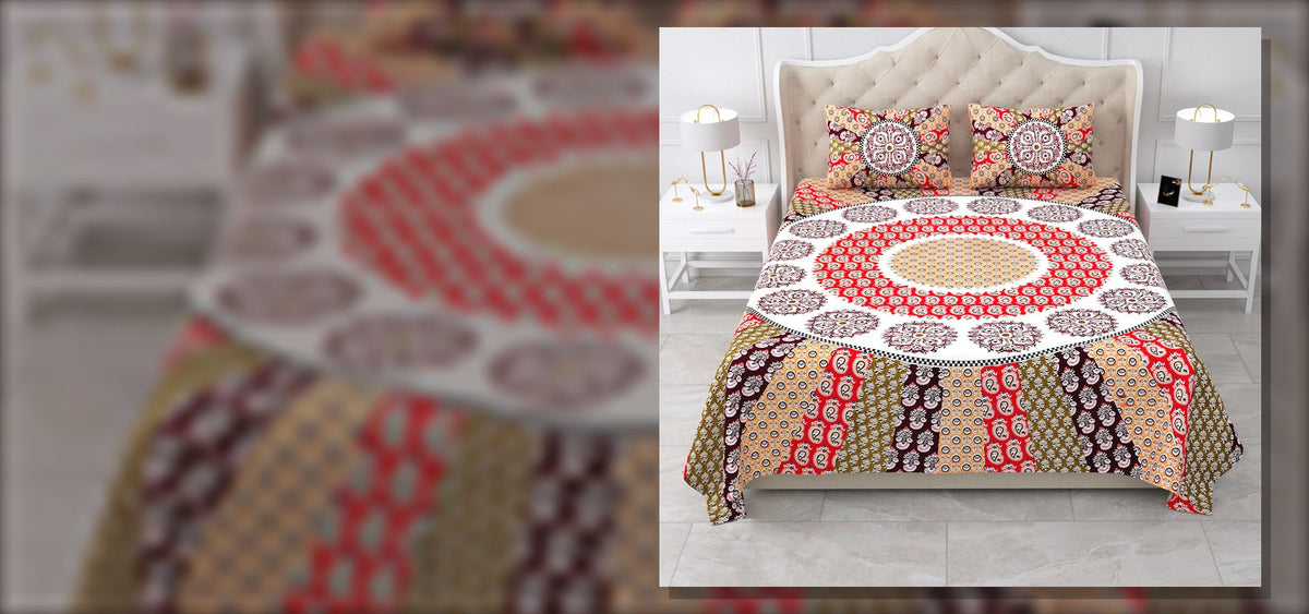 Red and olive mandala sunburst king size bedsheet, a 2026 bedding trend