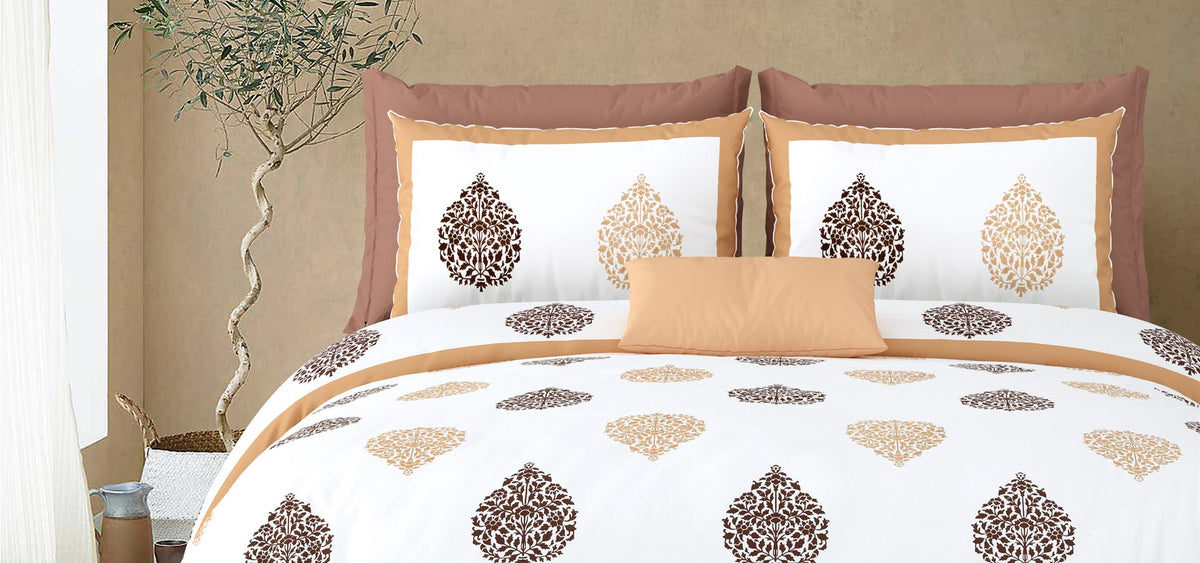 Beige and brown damask buta Jaipuri print bedsheet with pillow covers