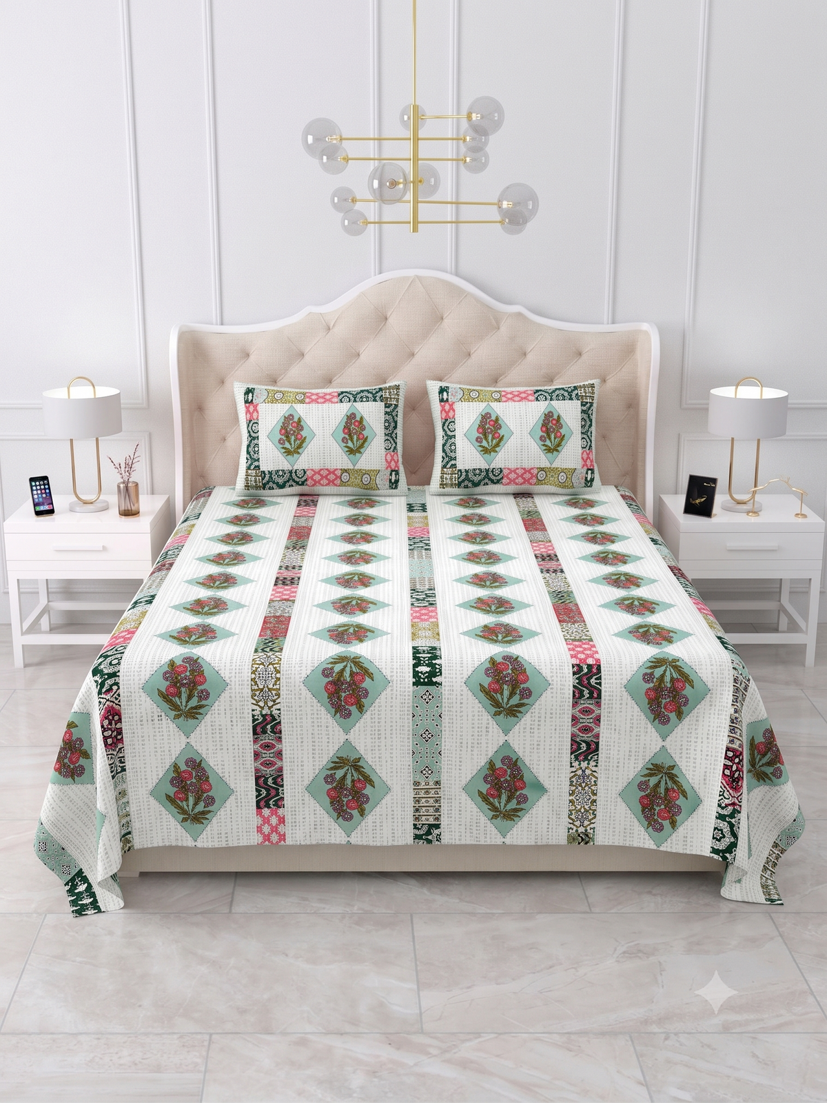 Mint Green Diamond Bouquet Stripe Printed Bedsheet (90 x 108) with 2 Pillow Covers