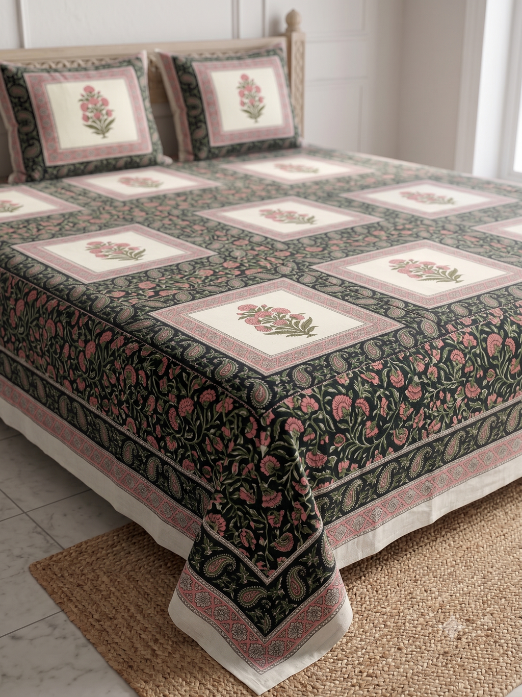 Mint Green Diamond Bouquet Stripe Printed Bedsheet (90 x 108) with 2 Pillow Covers