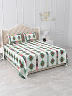 Mint Green Diamond Bouquet Stripe Printed Bedsheet (90 x 108) with 2 Pillow Covers