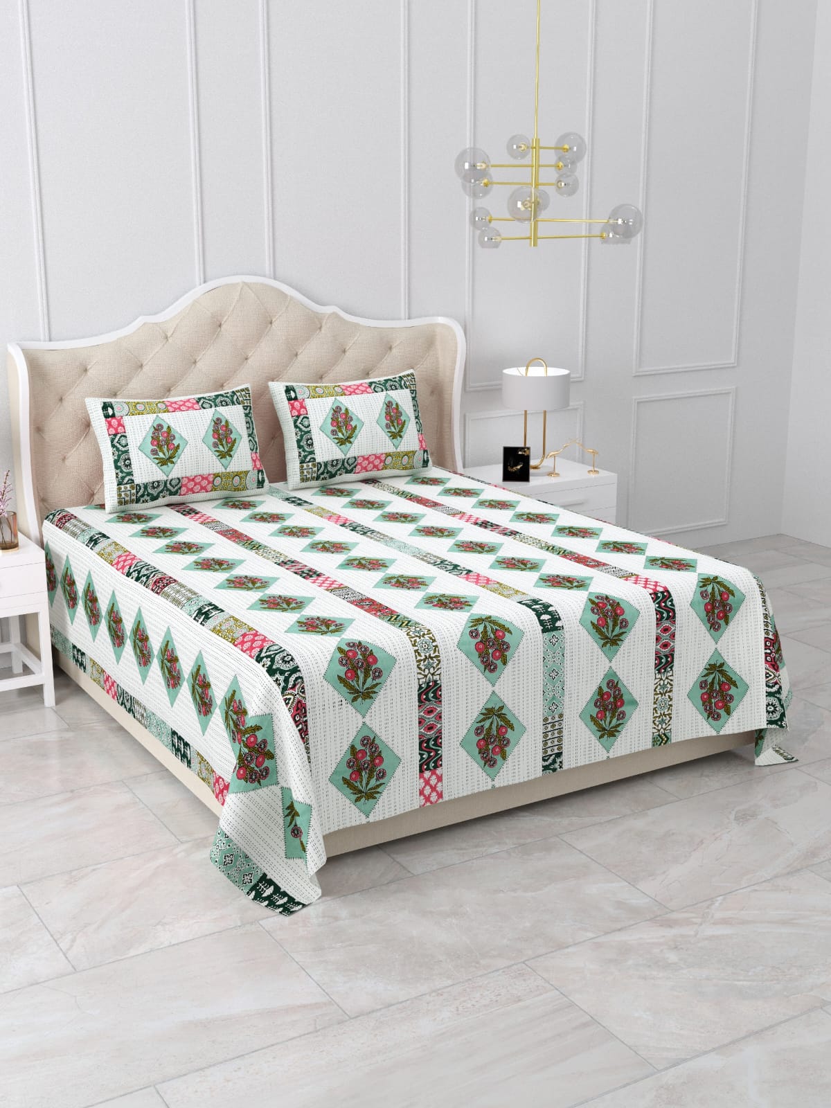 Mint Green Diamond Bouquet Stripe Printed Bedsheet (90 x 108) with 2 Pillow Covers