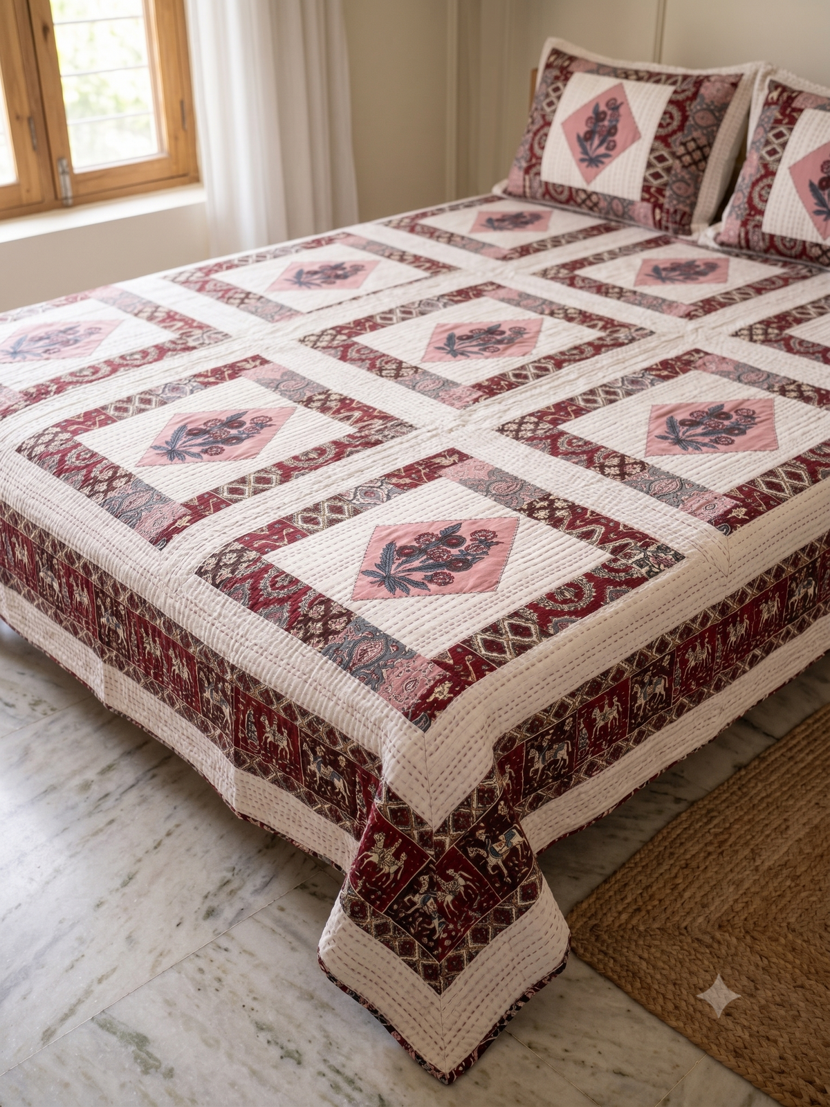 Pink Mauve Diamond Bouquet Stripe Printed Bedsheet (90 x 108) with 2 Pillow Covers