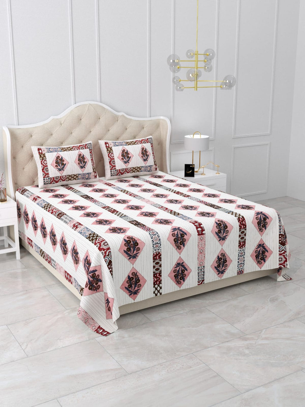 Pink Mauve Diamond Bouquet Stripe Printed Bedsheet (90 x 108) with 2 Pillow Covers