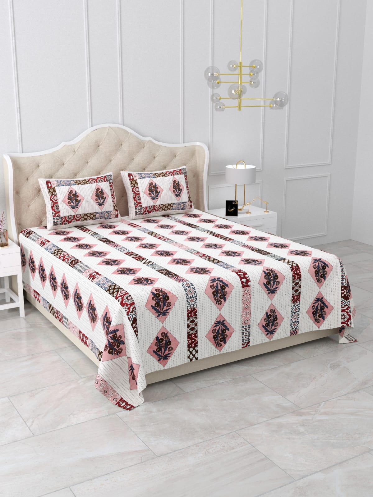 Pink Mauve Diamond Bouquet Stripe Printed Bedsheet (90 x 108) with 2 Pillow Covers
