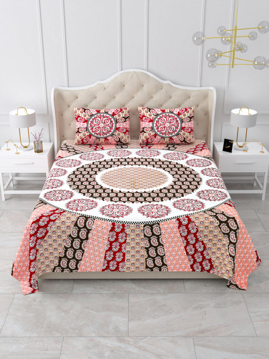 Jaipuri Red & Peach Mandala King Size Cotton Bedsheet