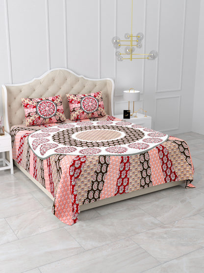 Jaipuri Red & Peach Mandala King Size Cotton Bedsheet