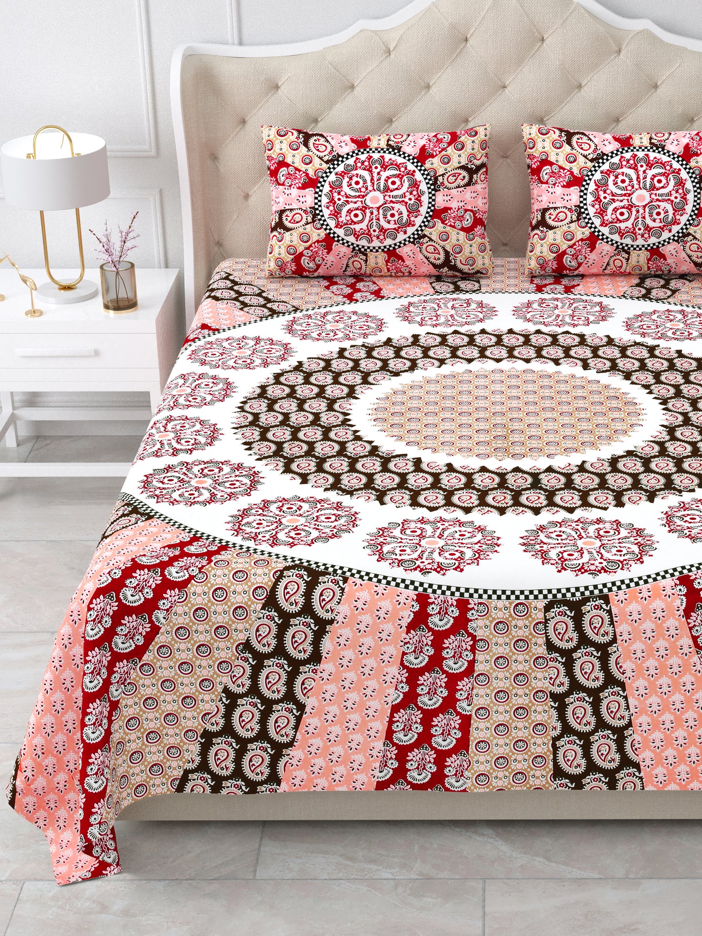 Jaipuri Red & Peach Mandala King Size Cotton Bedsheet