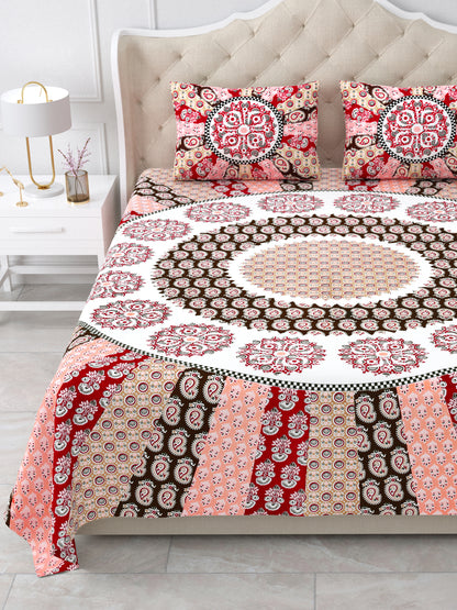 Jaipuri Red & Peach Mandala King Size Cotton Bedsheet