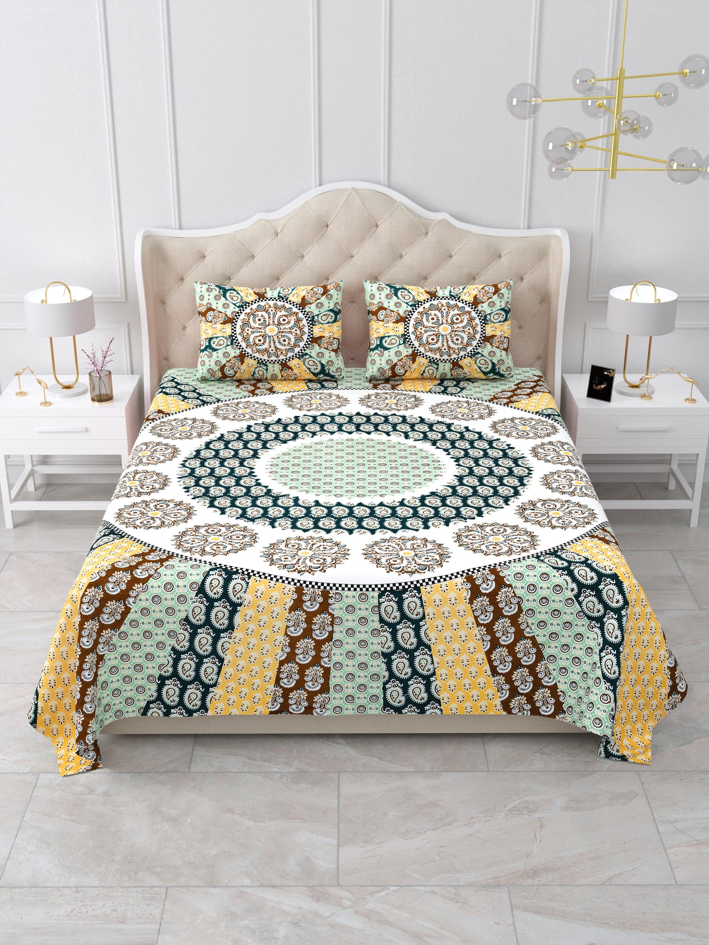 Jaipuri Emerald & Mustard Mandala King Size Cotton Bedsheet