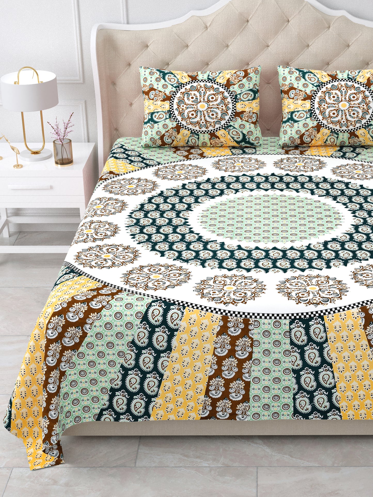 Jaipuri Emerald & Mustard Mandala King Size Cotton Bedsheet