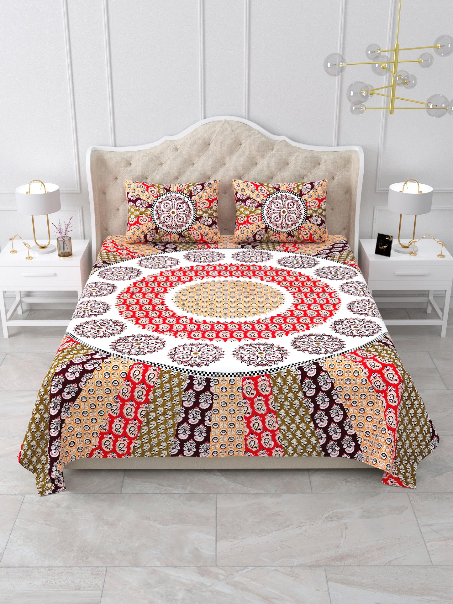 Jaipuri Maroon & Rust Mandala King Size Cotton Bedsheet