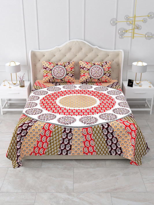 Jaipuri Maroon & Rust Mandala King Size Cotton Bedsheet