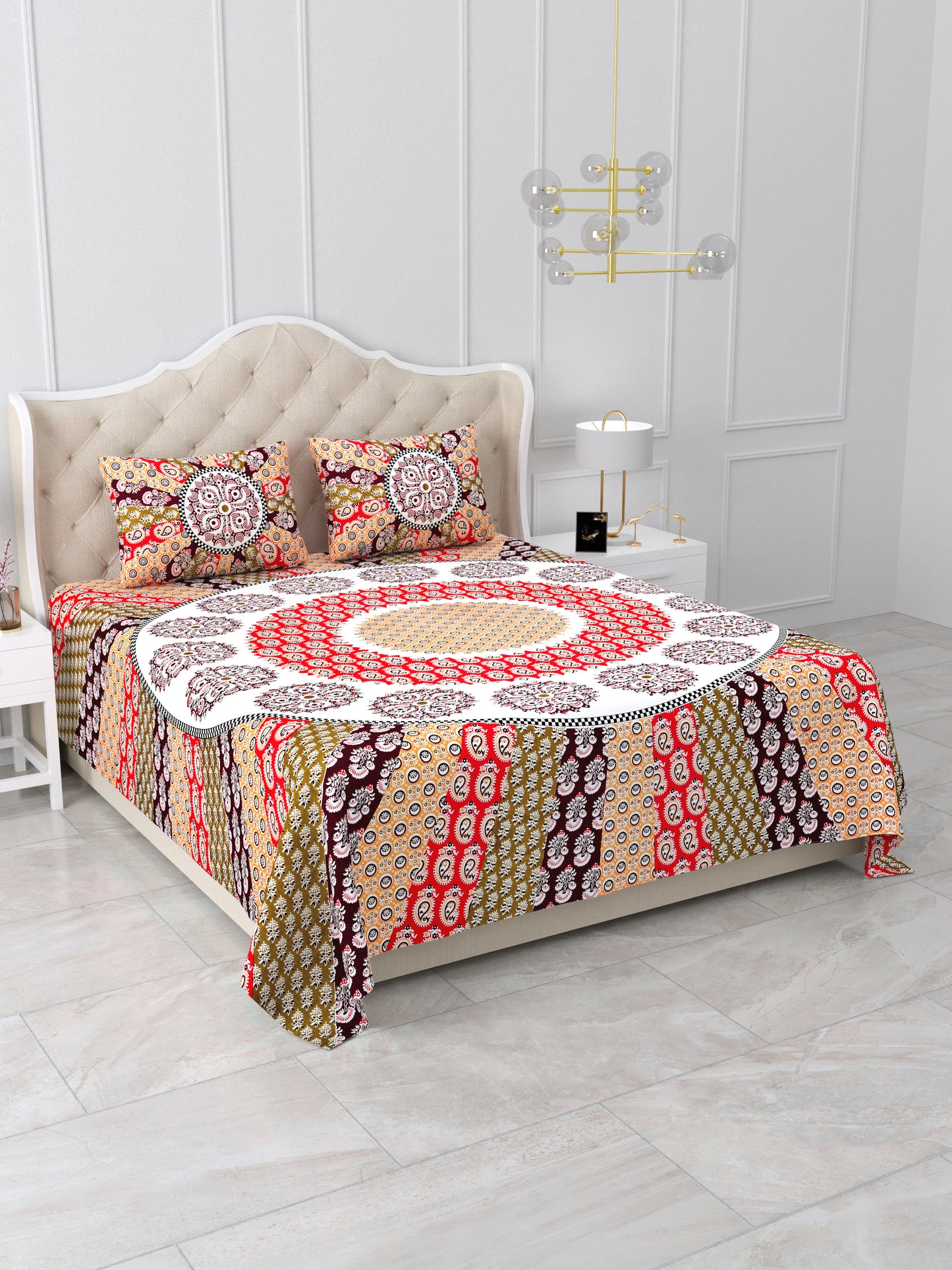 Jaipuri Maroon & Rust Mandala King Size Cotton Bedsheet