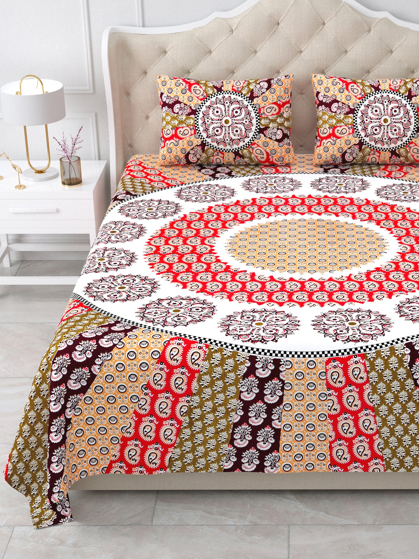 Jaipuri Maroon & Rust Mandala King Size Cotton Bedsheet