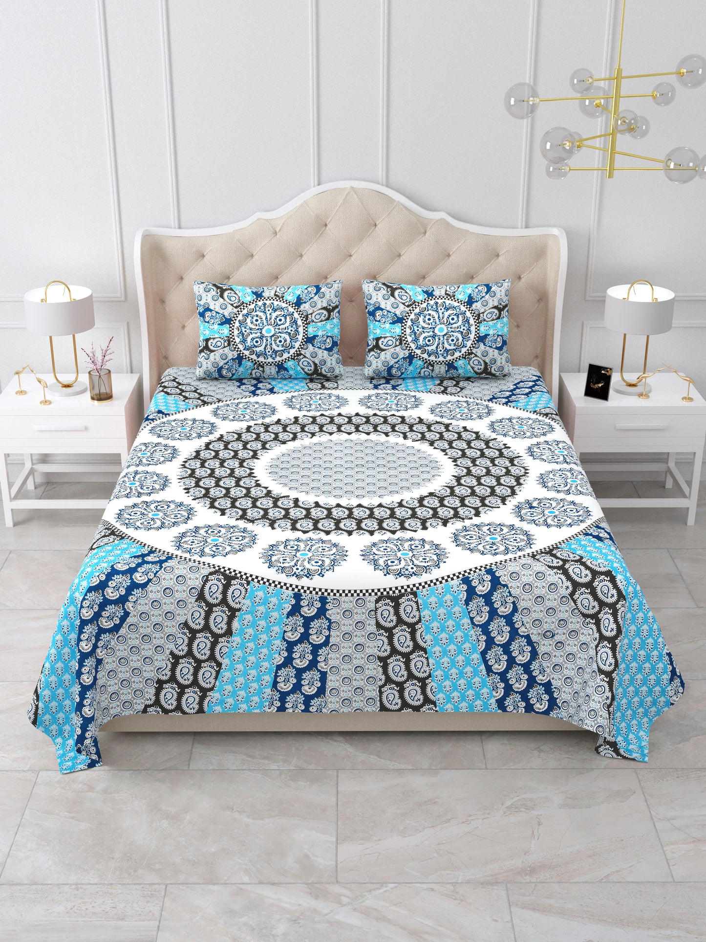Jaipuri Indigo & Sky Blue Mandala King Size Cotton Bedsheet
