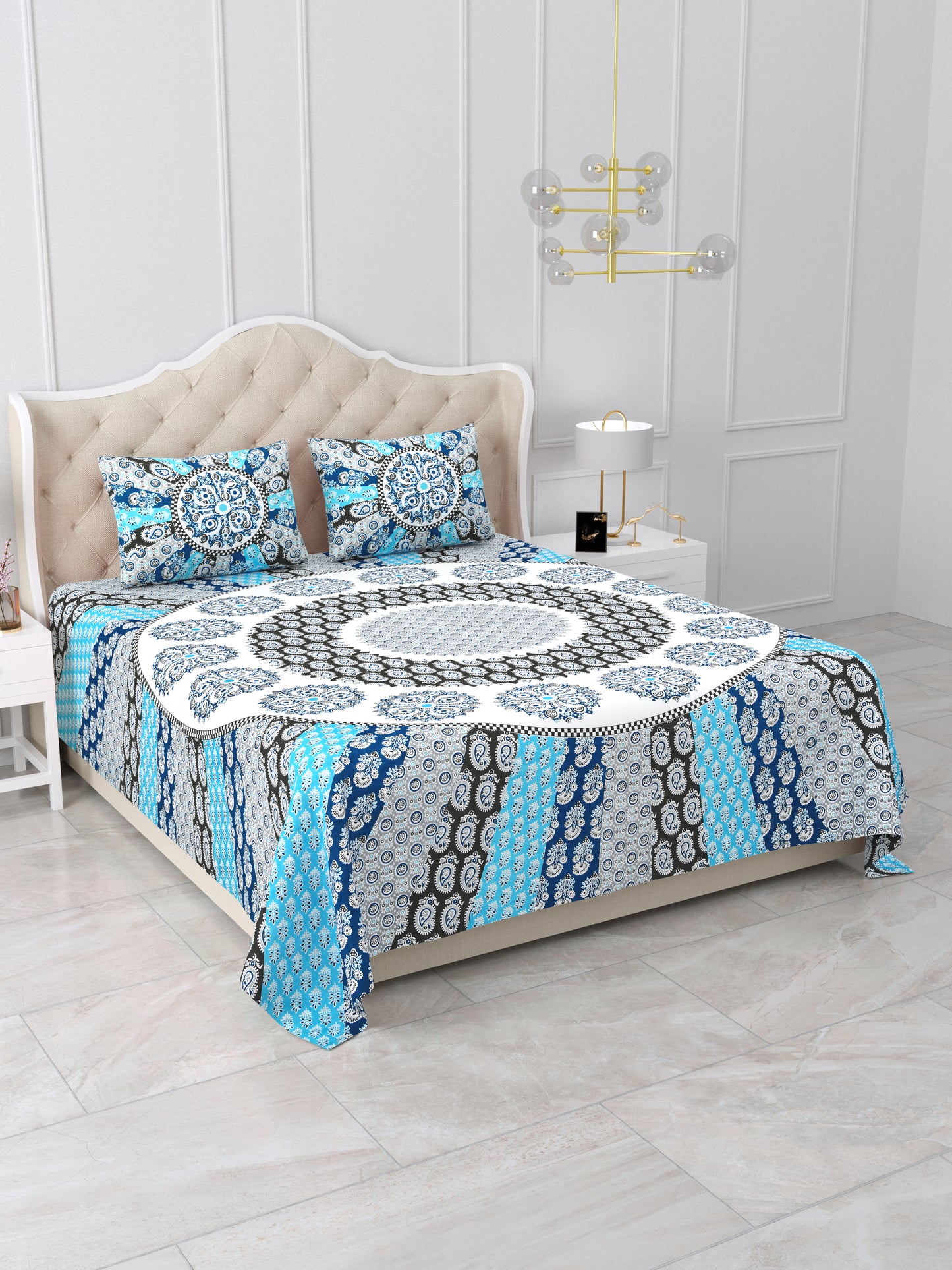 Jaipuri Indigo & Sky Blue Mandala King Size Cotton Bedsheet