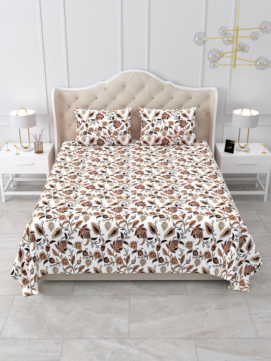 Jaipuri Coffee & Earth-Tone Floral Queen Size Cotton Bedsheet
