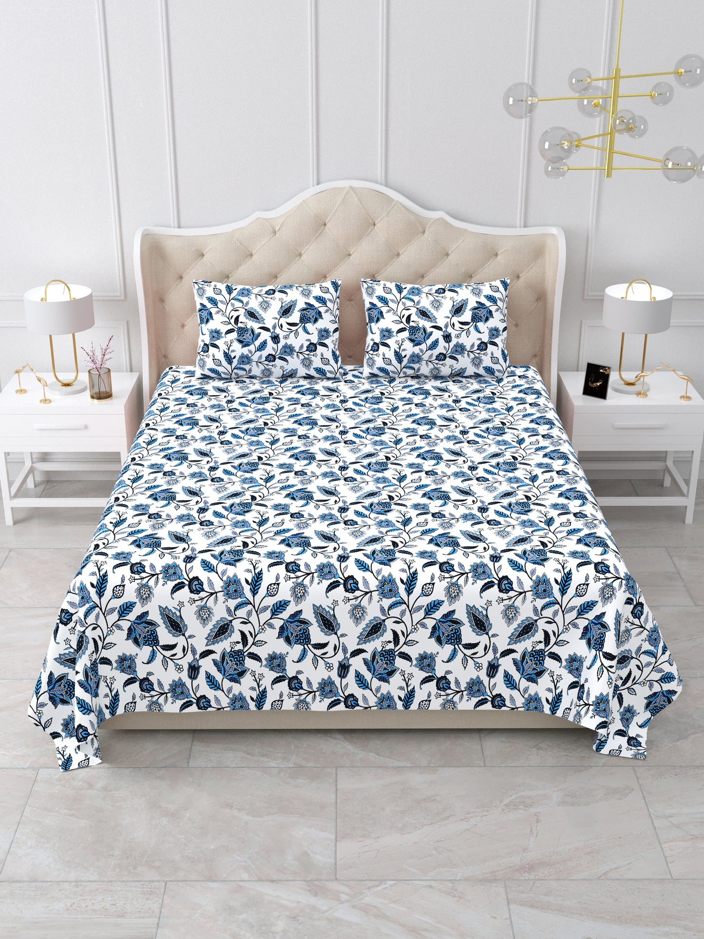 Jaipuri Indigo & Sapphire Floral Queen Size Cotton Bedsheet