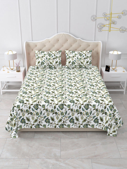 Jaipuri Sage Green & Olive Floral Queen Size Cotton Bedsheet