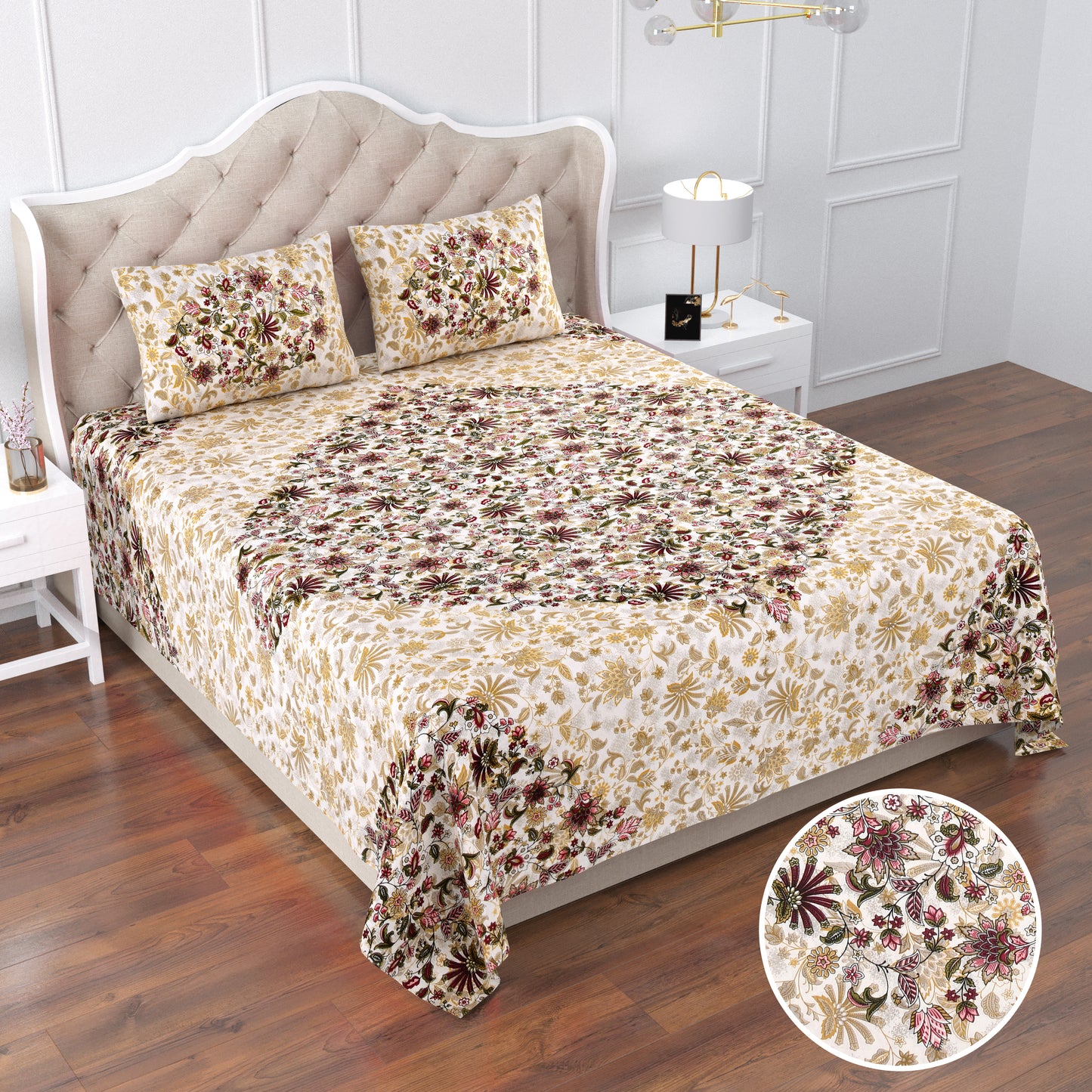 Maroon & Gold Floral Mandala Queen Size Cotton Bedsheet