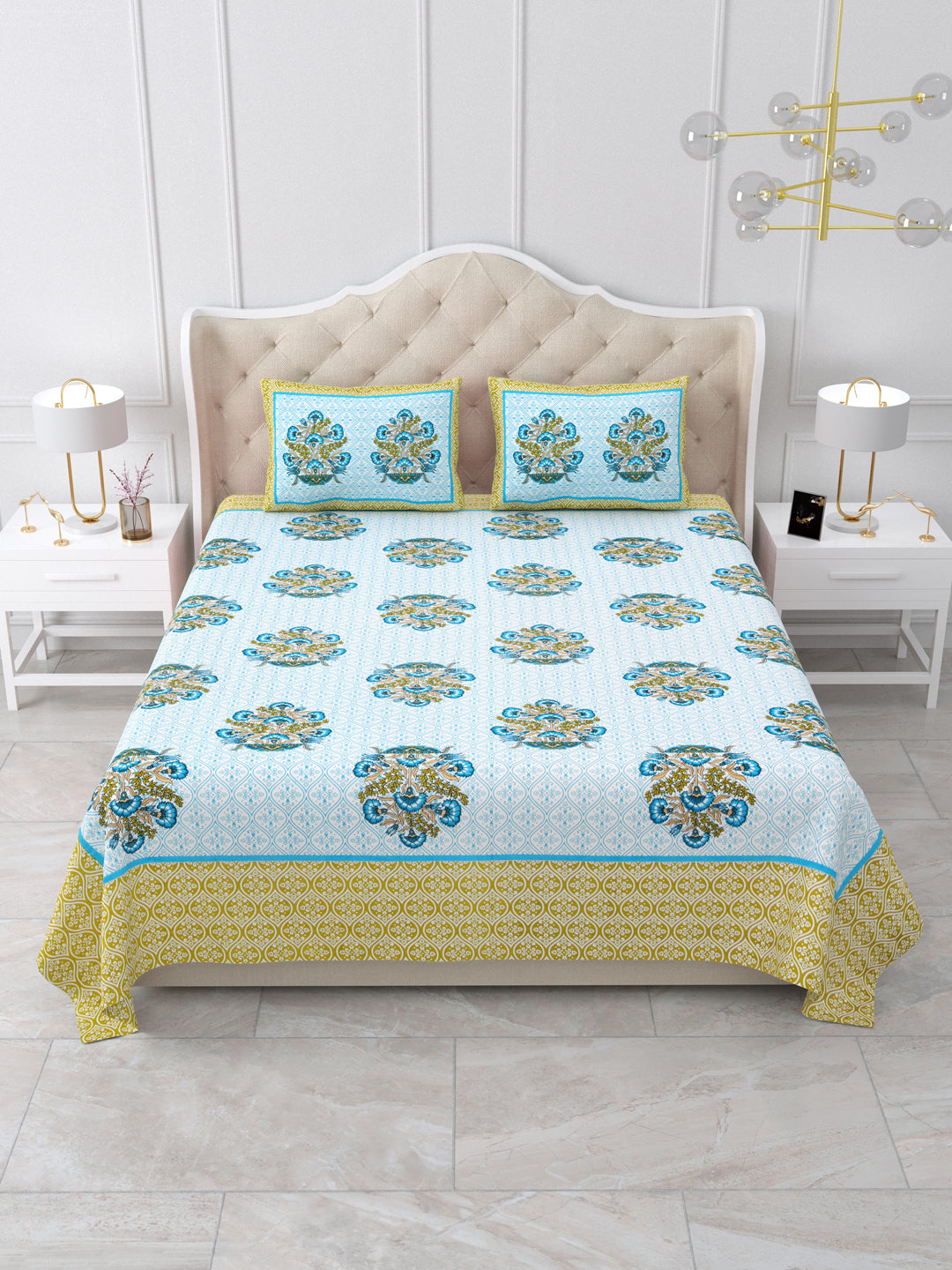 Green Floral Print Queen Size Cotton Bedsheet