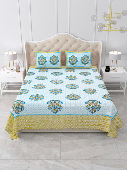 Green Floral Print Queen Size Cotton Bedsheet
