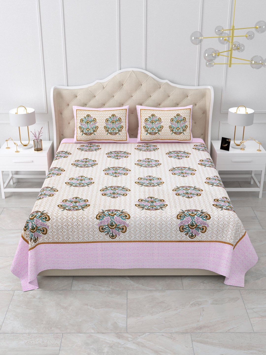 Pink Floral Queen Size Cotton Bedsheet