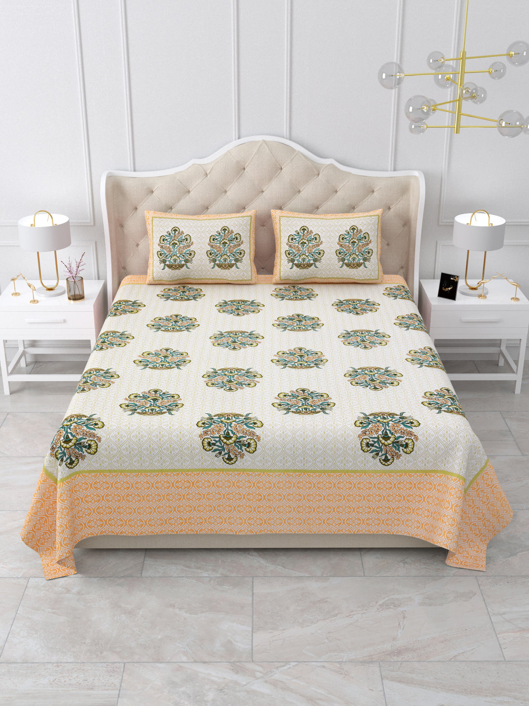 Yellow Floral Queen Size Cotton Bedsheet