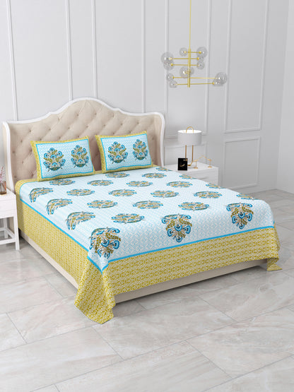 Green Floral Print Queen Size Cotton Bedsheet