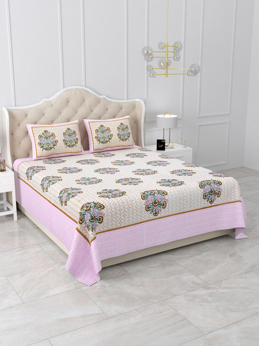 Pink Floral Queen Size Cotton Bedsheet