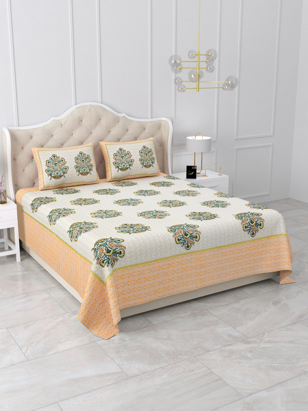 Yellow Floral Queen Size Cotton Bedsheet