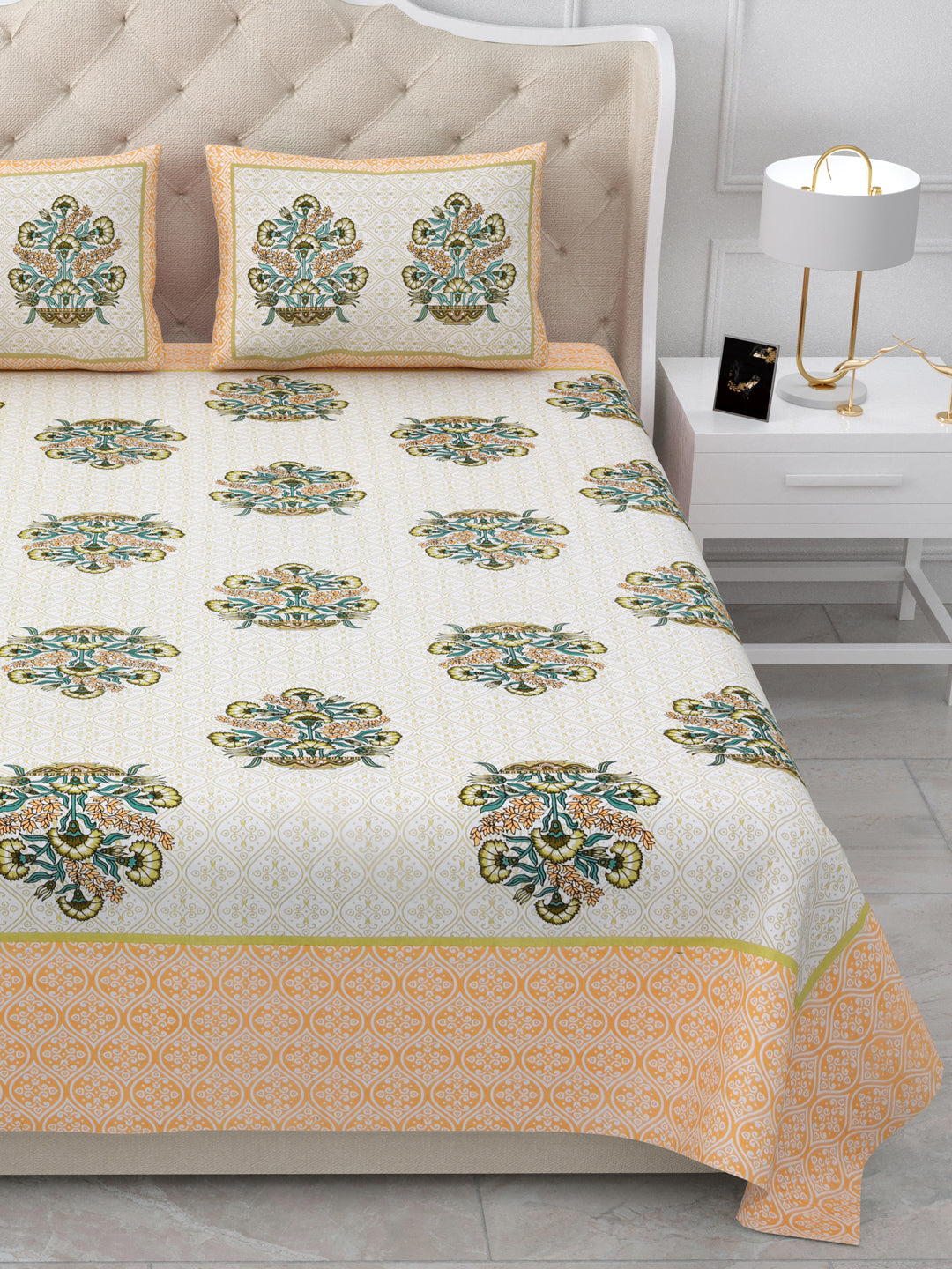 Yellow Floral Queen Size Cotton Bedsheet