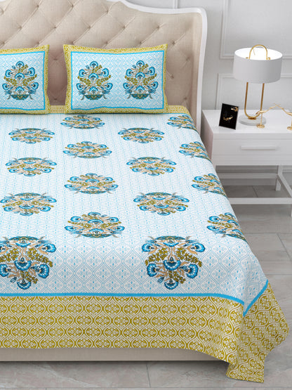 Green Floral Print Queen Size Cotton Bedsheet