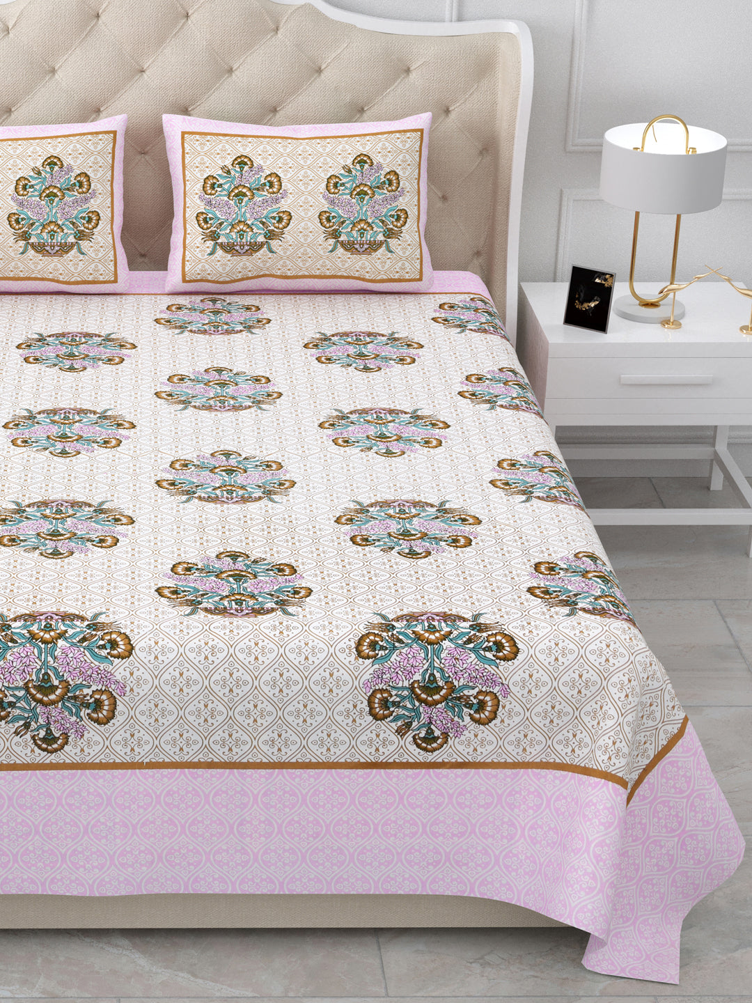 Pink Floral Queen Size Cotton Bedsheet