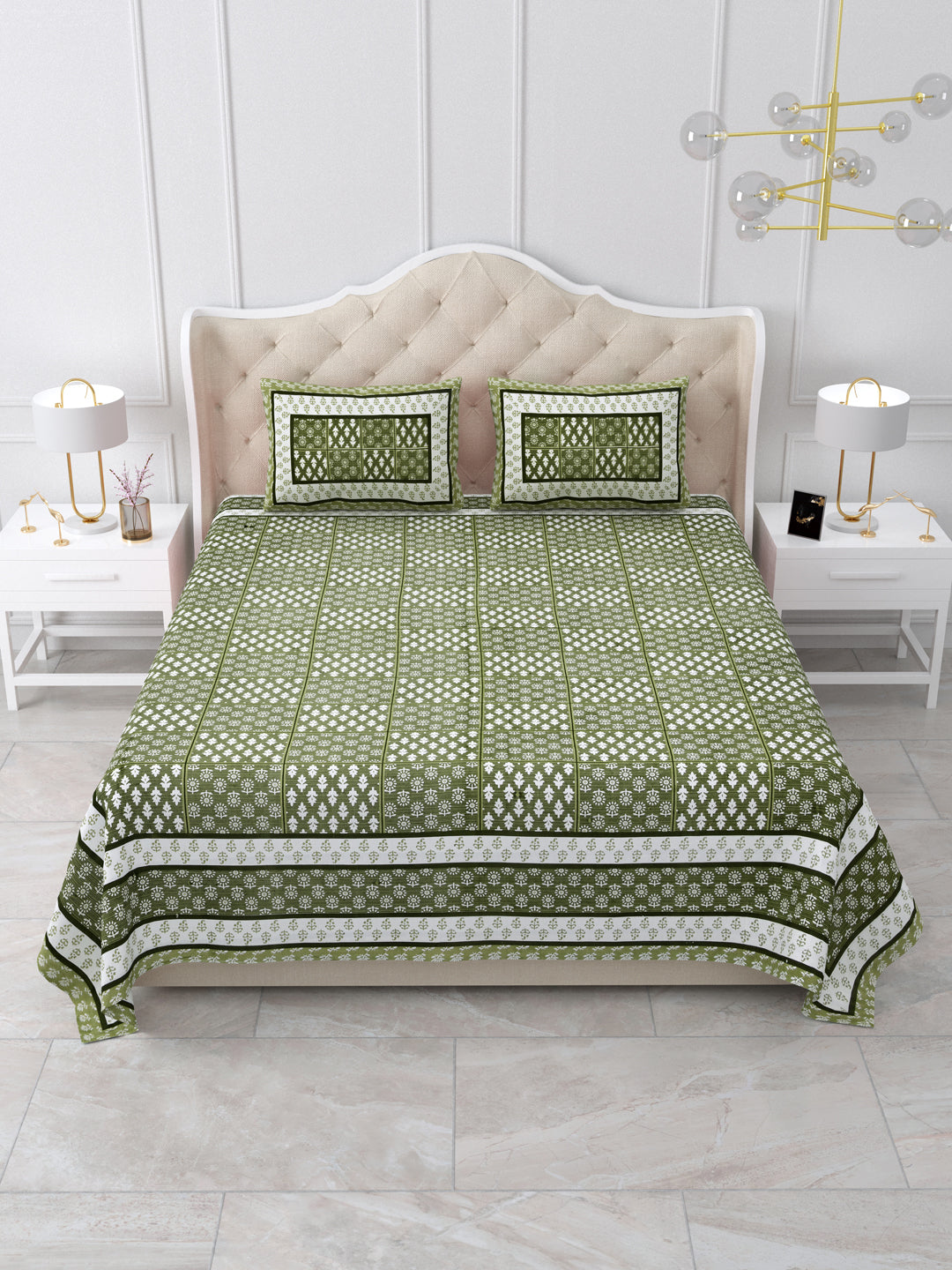 Olive Green Hand-Block Print Queen Size Cotton Bedsheet