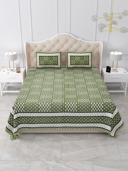Olive Green Hand-Block Print Queen Size Cotton Bedsheet