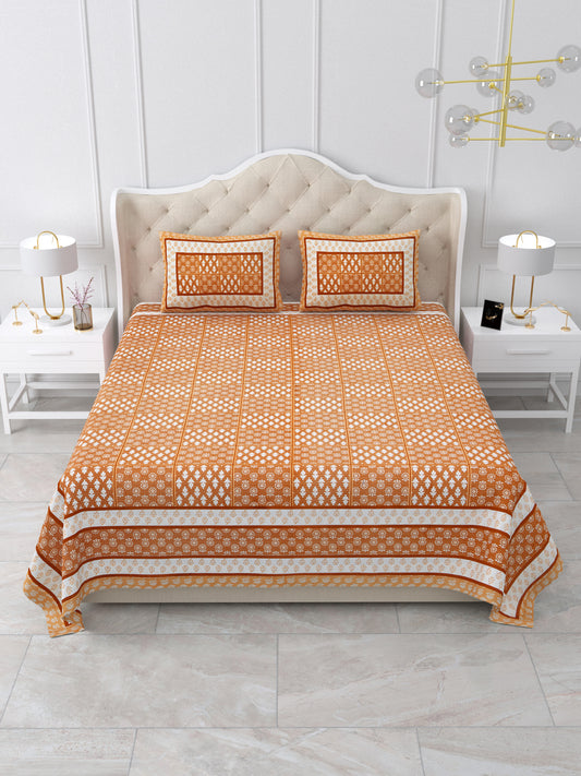 Orange Geometric Block Print Queen Size Cotton Bedsheet