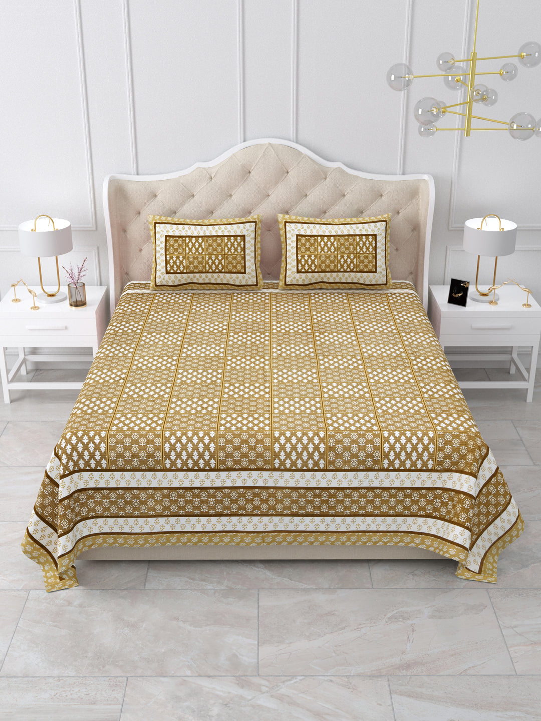 Mustard Yellow Geometric Block Print Queen Size Cotton Bedsheet