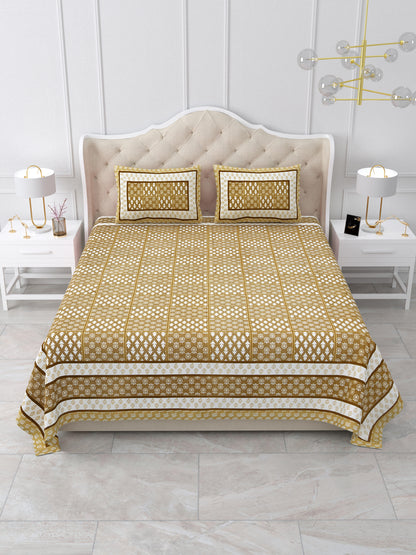 Mustard Yellow Geometric Block Print Queen Size Cotton Bedsheet