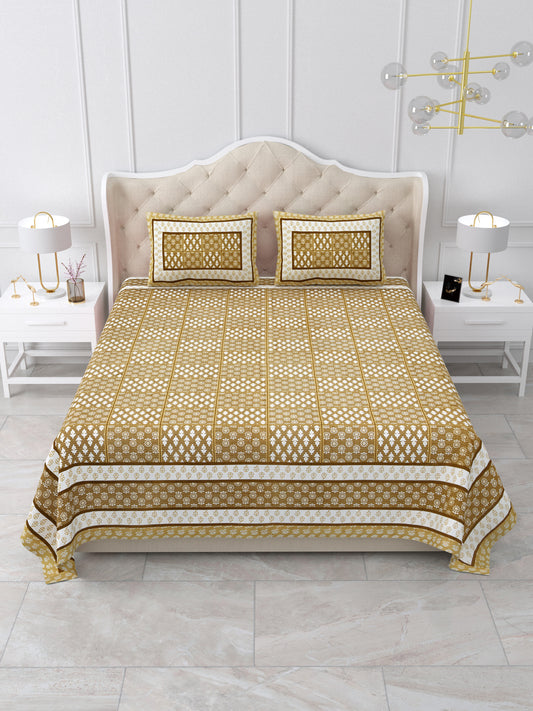 Mustard Yellow Geometric Block Print Queen Size Cotton Bedsheet