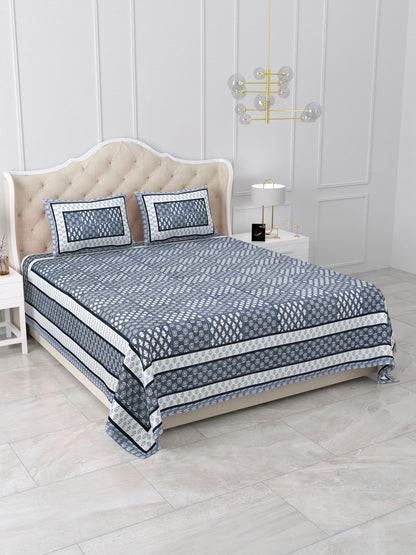 Indigo Blue Geometric Block Print Queen Size Cotton Bedsheet