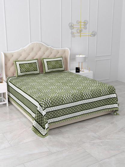 Olive Green Hand-Block Print Queen Size Cotton Bedsheet