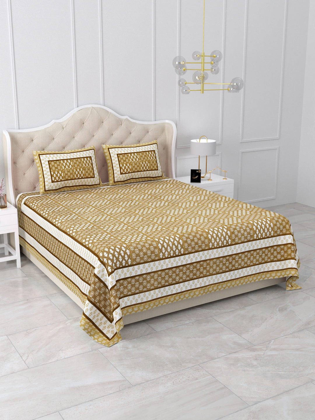 Mustard Yellow Geometric Block Print Queen Size Cotton Bedsheet