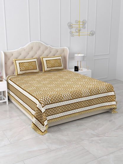 Mustard Yellow Geometric Block Print Queen Size Cotton Bedsheet