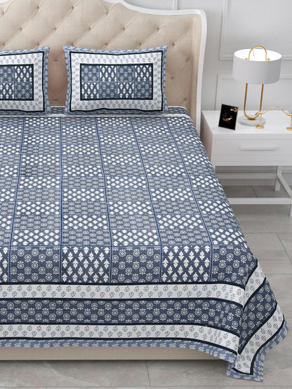 Indigo Blue Geometric Block Print Queen Size Cotton Bedsheet
